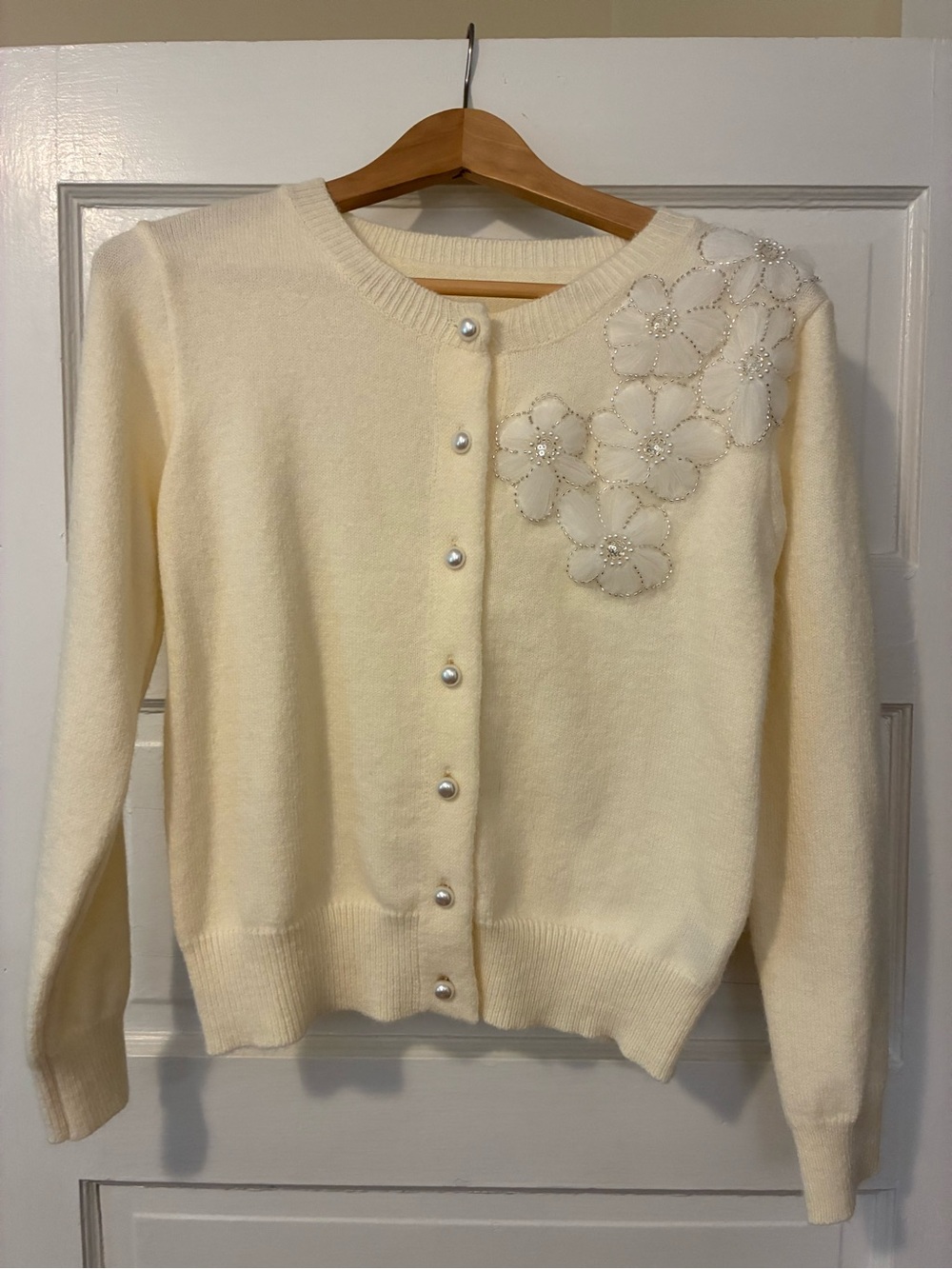 Cream Floral Appliqué Cardigan with Pearl Buttons